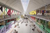 An artist's impression depicting the view across the town square of the new Young V&A Museum in London showing children and young people enjoying the museum.