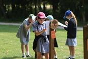 Pupils doing worksheets in an outdoor exhibit