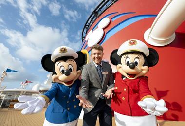 Broadcaster Roman Kemp with Minnie and Mickey Mouse on board Disney Dream cruise ship
