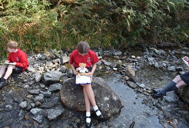 School Travel Organiser's Teacher Ted mascot with Haverigg Primary School pupils at Wordsworth Grasmere