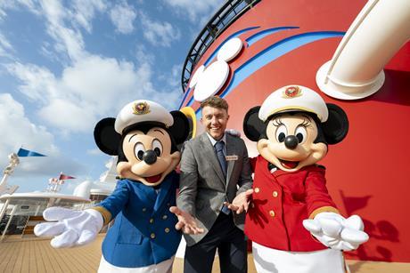Broadcaster Roman Kemp with Minnie and Mickey Mouse on board Disney Dream cruise ship