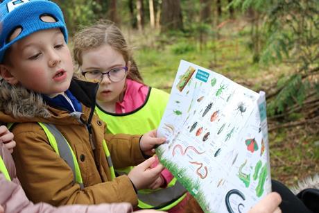 Young children on a school trip look at a bug identification map out in the woods