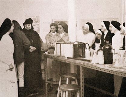 Nuns from the Association of Convent Teachers gather in one of the Field Studies Council's chemistry labs.