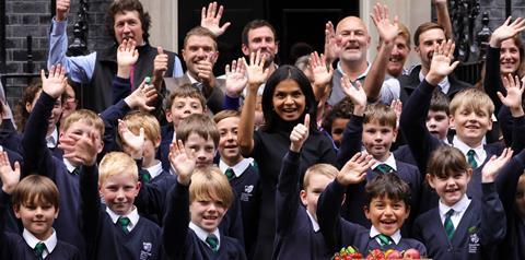 Countess Gytha Primary School in Yeovil, Somerset with Mrs Murty outside 10 Downing Street