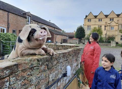 Children get up close to a pig at Farms for City Children's Wick Court Farm in Gloucestershire