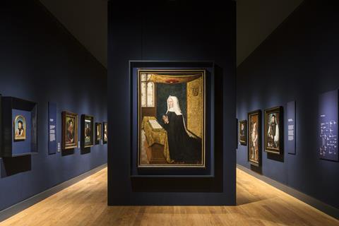 The Tudor Gallery at the National Portrait Gallery, London, featuring a portrait of Lady Margaret Beaufort by Meynnart Wewyck (c.1510) loaned by St John's College, Cambridge.