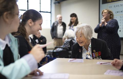 Veteran Patricia Owtram with pupils in a new classroom at Bletchley Park's Learning Centre