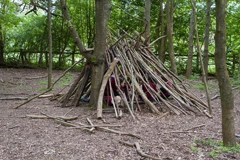 Children in a den in the woods at Chiltern Open Air Museum