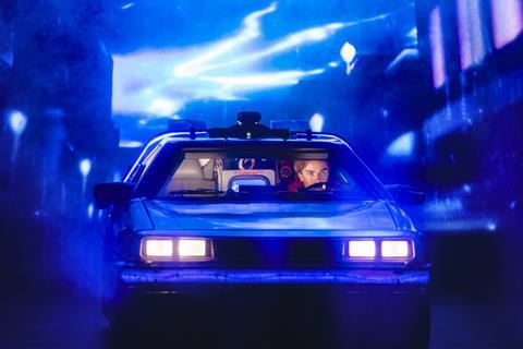 Marty McFly and the DeLorean on stage in Back to the Future, the Musical