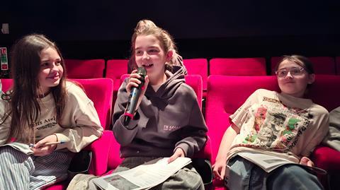 Esmae, Phoebe (on the microphone) and Willow in the BFI cinema at the event
