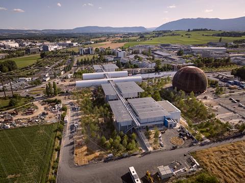 An aerial view of CERN's new Science Gateway centre in Geneva, Switzerland