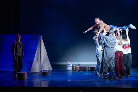 Sir Henry Floyd Grammar School from Aylesbury performing Kiss Marry Push Off Cliff by Josh Azouz at National Theatre 2024 Connections Festival