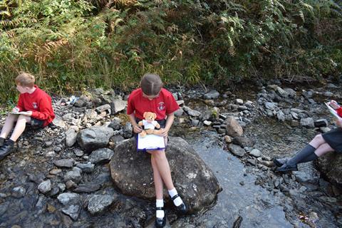 School Travel Organiser's Teacher Ted mascot with Haverigg Primary School pupils at Wordsworth Grasmere
