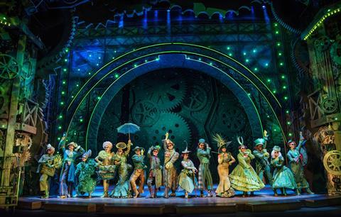 Cast members on stage performing in Wicked the musical.