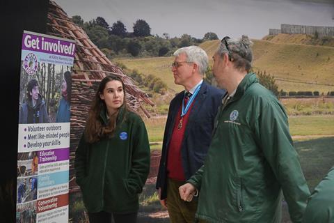 The High Sheriff of Hertfordshire exploring the Prehistory Centre with Assistant Curator, Dr Lauren Shaw.